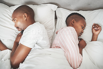 Buy stock photo Insomnia, stress and black couple in bed, angry argument about relationship, sad breakup or divorce in apartment. Mental health, depression and toxic marriage, woman ignoring man in bedroom in home.