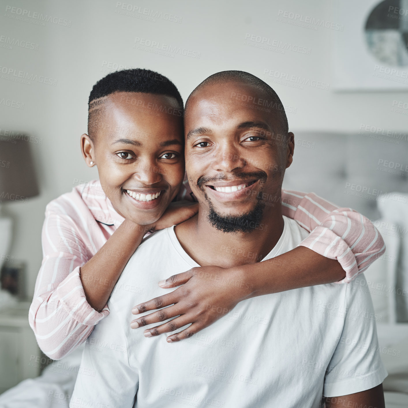 Buy stock photo Couple, hug and smile in portrait with love and care at home, relax and commitment with healthy relationship. Black people, partnership and trust with loyalty, support and happiness with peace