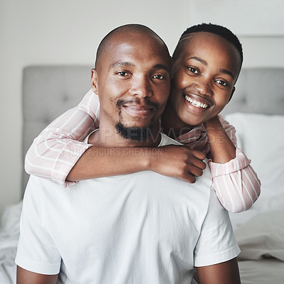 Buy stock photo Portrait, love and black couple in bedroom, smile and romance for Valentines day, affection and hug. Romantic, man and woman embrace on bed, loving and bonding on weekend break and relax together