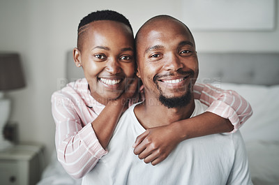 Buy stock photo Black couple, hug and smile in portrait with love and care at home, relax and commitment with healthy relationship. Happy people, partnership and trust with loyalty, support and affection and peace
