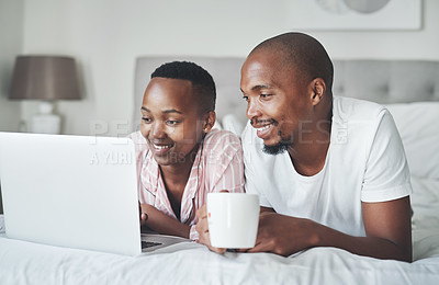Buy stock photo Love, laptop and black couple in bed with coffee to watch movie on valentines day date in home. Movies, streaming and romance for man and woman in bedroom, happy smile with tech and internet service.