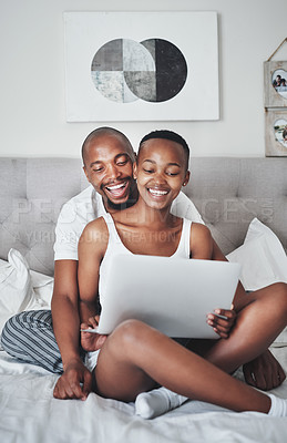 Buy stock photo Love, technology and black couple in bed with laptop to watch movie on valentines day date in home. Movies, streaming and romance for man and woman in bedroom, happy with smile and internet service.