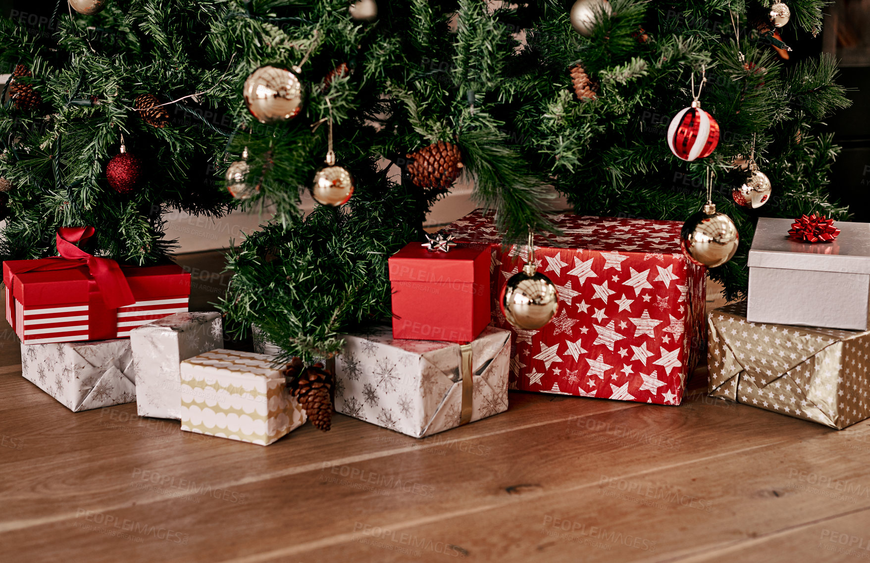 Buy stock photo Christmas, floor and box of gift by tree for celebration, festive season and party. Xmas, surprise and gratitude with present on ground of living room with nobody for wow, announcement and holiday 