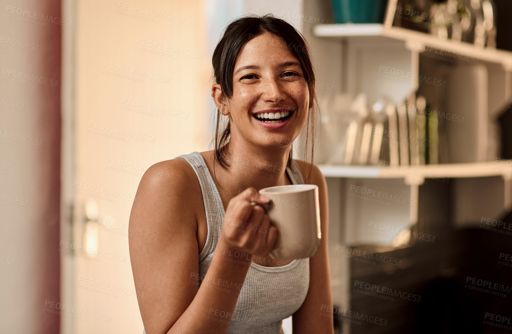 Buy stock photo Woman, happy and coffee in kitchen at house for portrait with smile for caffeine as breakfast. Female person, beverage and playful, fresh and morning fix to feel energy, relaxed and refreshed


