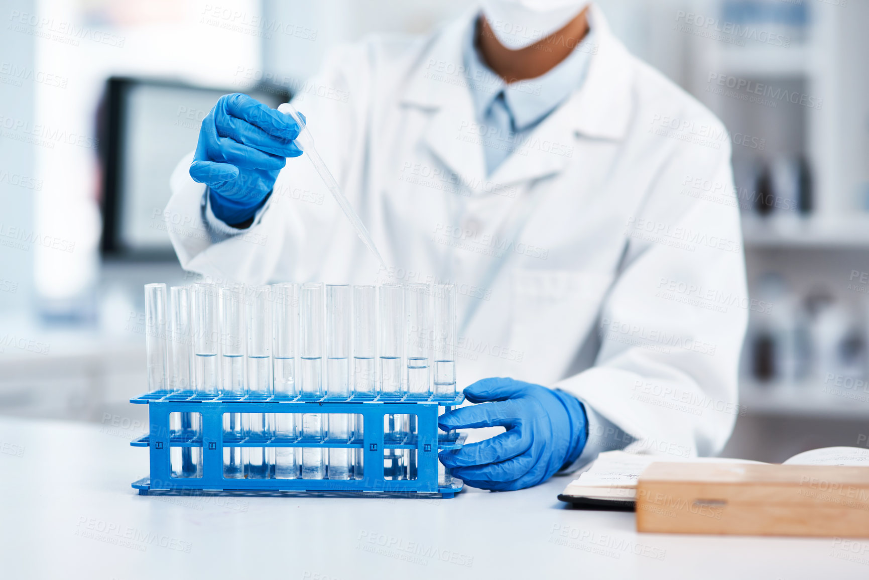 Buy stock photo Scientist, lab and test tube for research or development, pharmaceutical or biotechnology. Male person, safety and analysis in cropped for career with medical, glass or investigation for vaccine