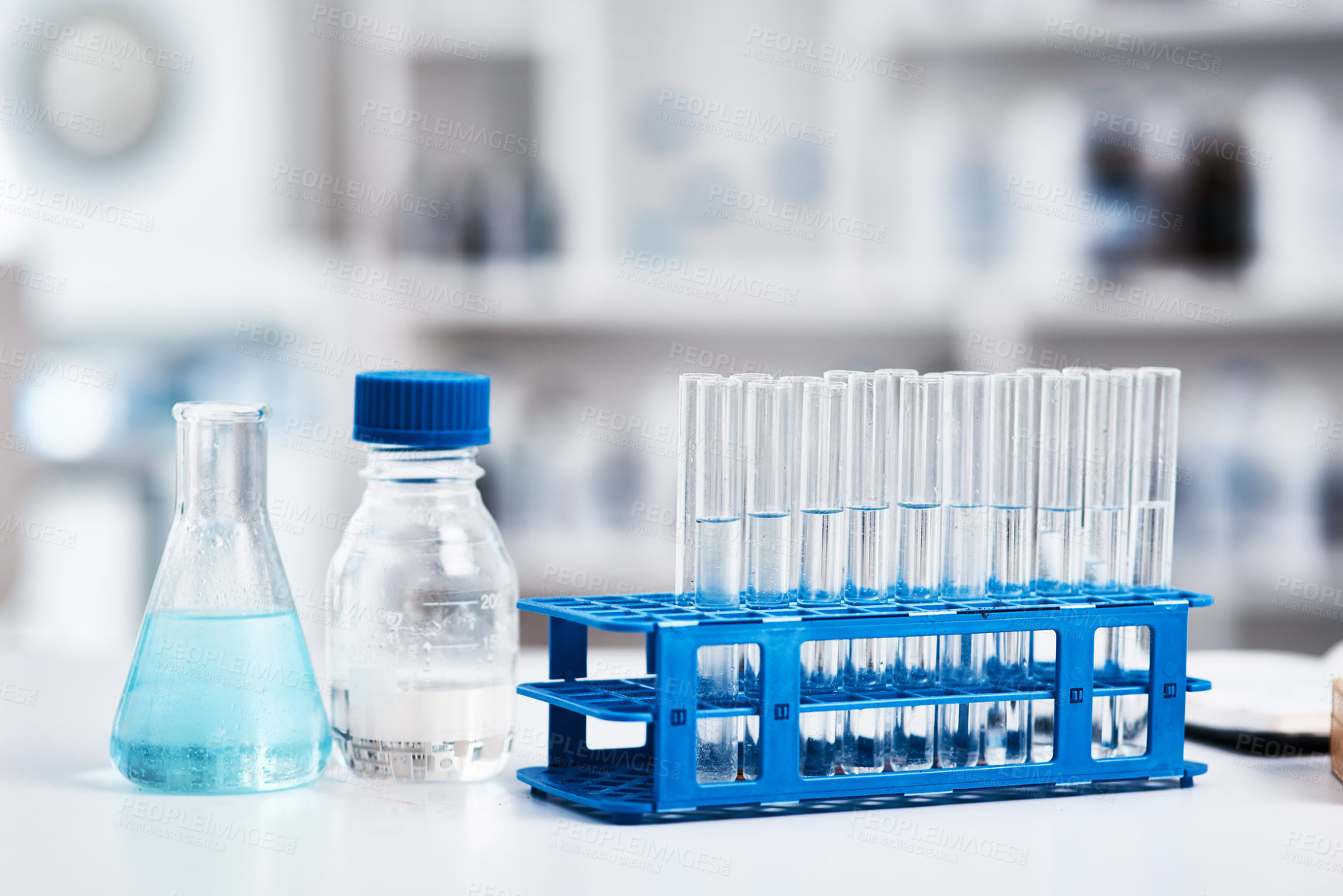 Buy stock photo Closeup shot of a tray of test tubes in a lab