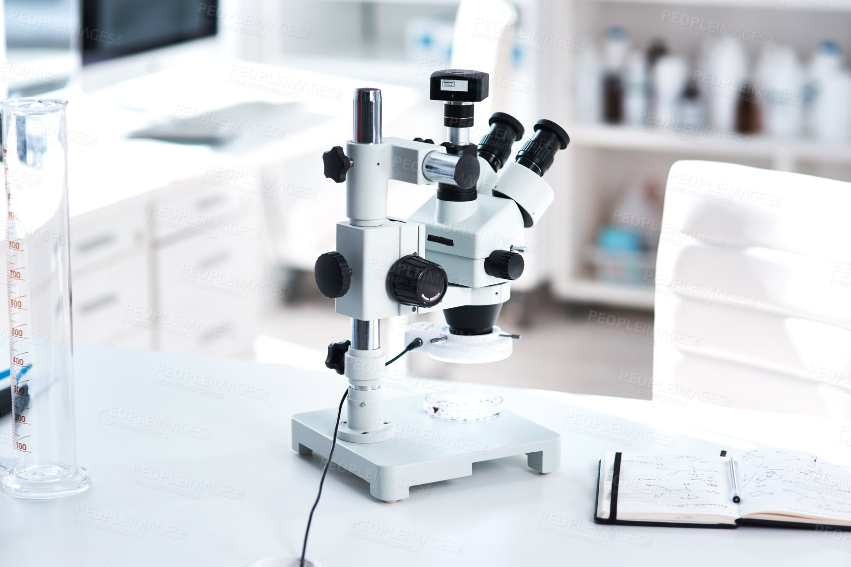 Buy stock photo Microscope, lab and science on table for research or development, chemistry or investigation for medical. Magnifier, medicine and test for pharmaceutical or biotechnology, tools for analysis