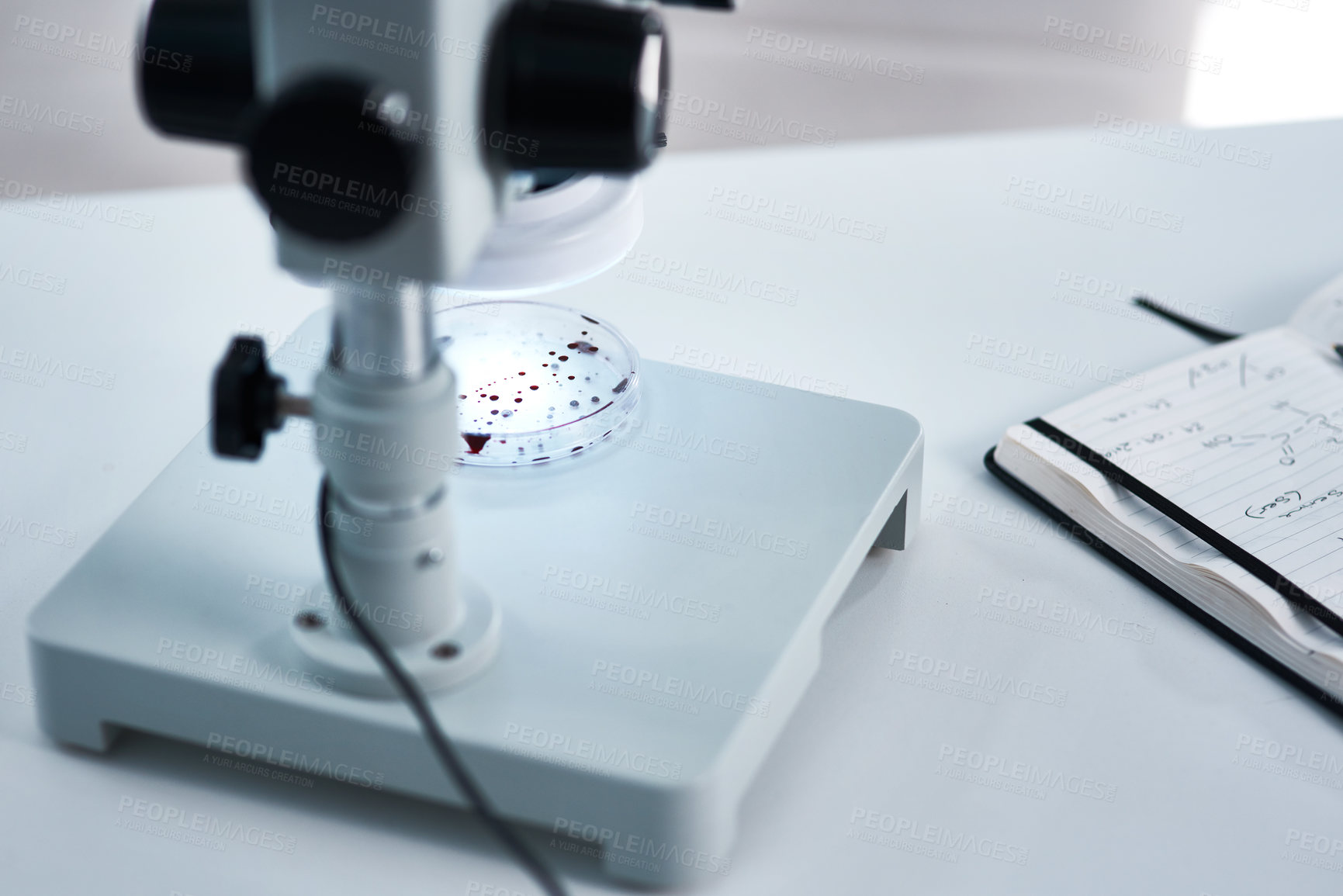 Buy stock photo Sample, test and science of analyse, lens and microscope for study of chemical, future and pharmacy. Particles, tools and technology in lab, research and process of medicine, molecule and digital