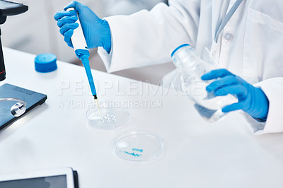 Buy stock photo Sample, test and hands in lab, particles and scientist with gloves, working and chemical for pharmaceutical. Medicine, healthcare and medical for hospital, wellness and safety from virus with liquid