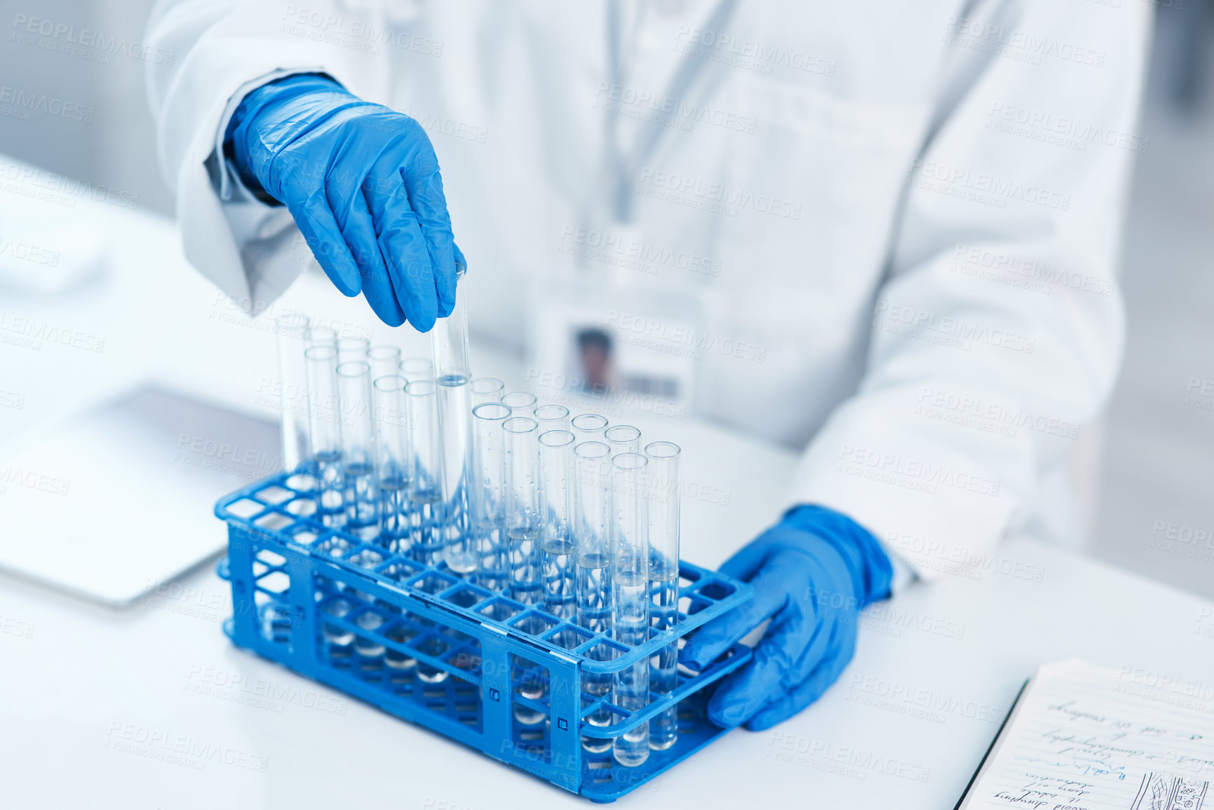 Buy stock photo Hands, person and scientist with test tube for research study and experiment in science lab. Chemicals, investigation and innovation for information, knowledge and medical or scientific development