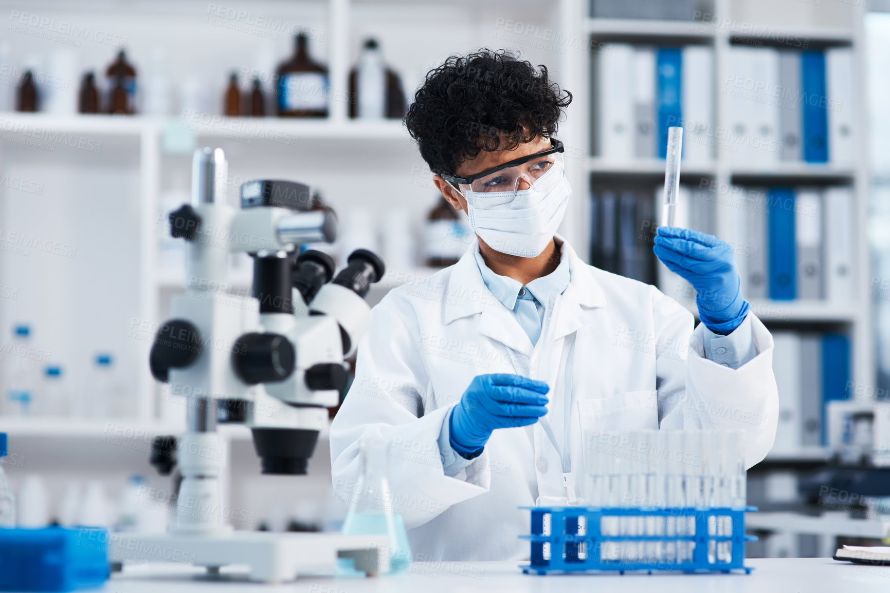 Buy stock photo Science, test tube and woman in laboratory with face mask for investigation, research or antiaging testing. Biotechnology, cure and person with fluid sample for analysis, experiment or medical study