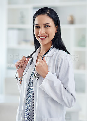 Buy stock photo Doctor, portrait and smile in hospital for cardiology, healthcare and medicare in clinic. Woman, cardiologist and positive attitude with stethoscope for happiness, pride and patient care in Peru