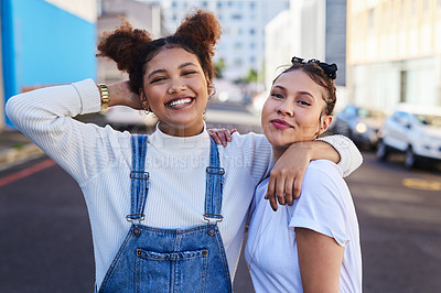 Buy stock photo Portrait, lesbian couple and women in city with smile for y2k fashion and trust for lgbtq relationship. Gen z, female people and gay love with streetwear clothes for confidence and hug in urban town