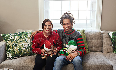 Buy stock photo Portrait of a cheerful young couple holding their pet dogs while being seated on a sofa during christmas time at home