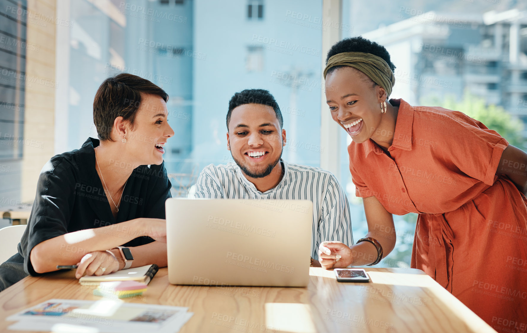 Buy stock photo Happy, collaboration and business people with laptop in meeting for design strategy, online campaign and website layout. Graphic designer, teamwork and laughing in boardroom for project brainstorming