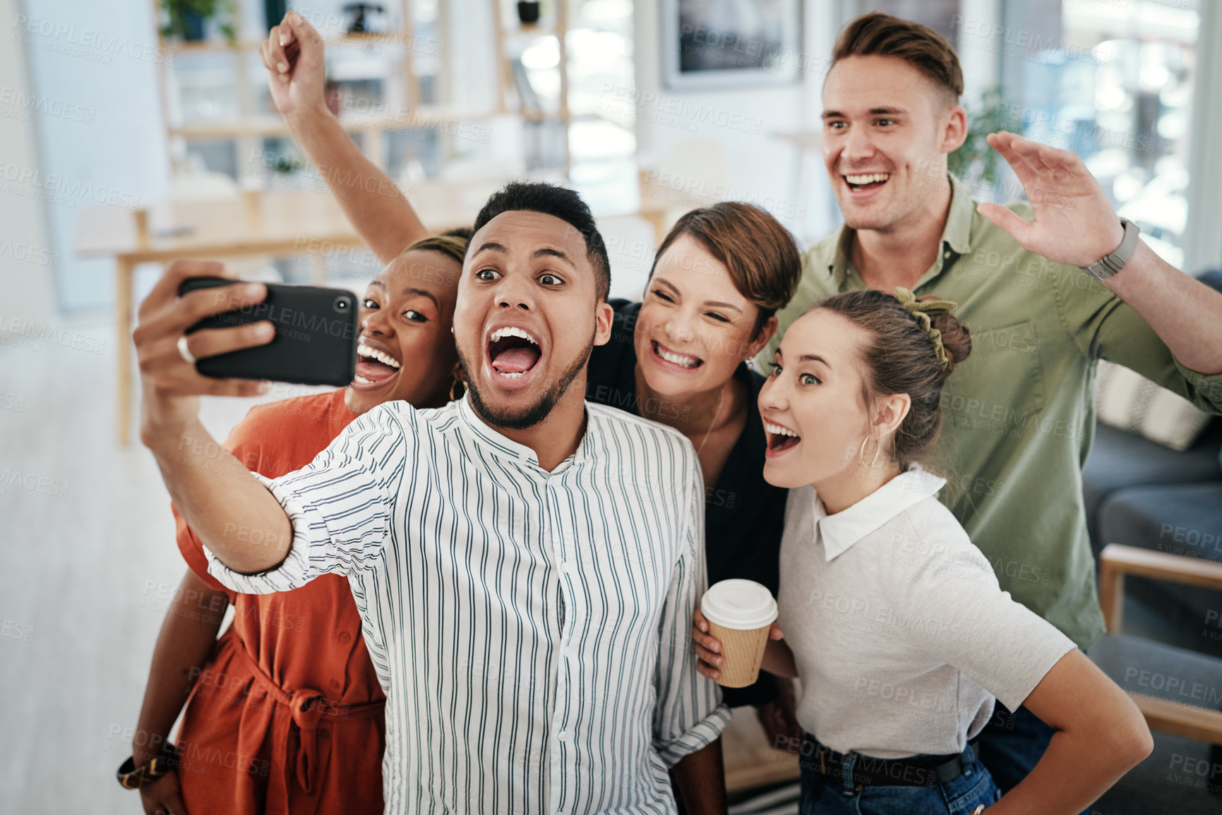 Buy stock photo Excited, business people or selfie with photography at office for picture, team building or memory together. Young group, employees or colleagues with smile for fun day or bonding moment at workplace