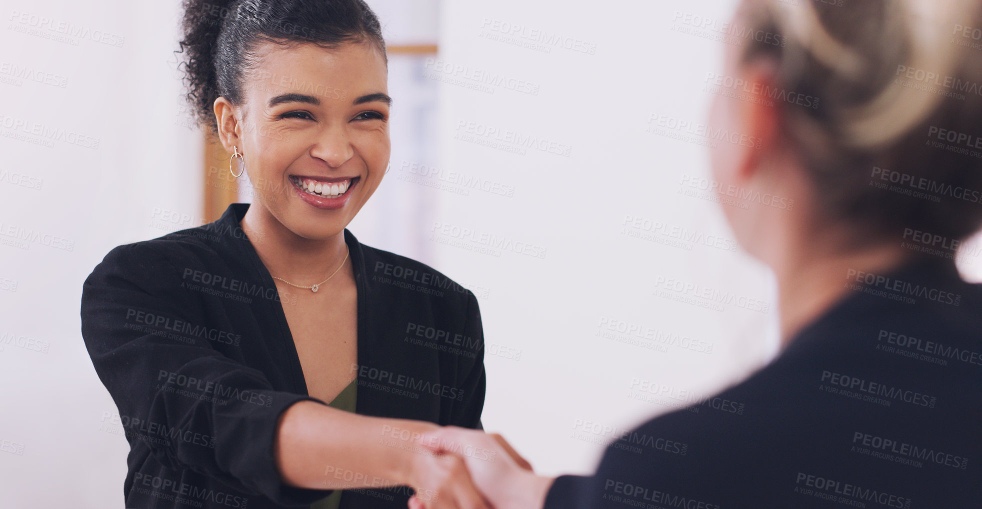 Buy stock photo Hand shake, women and happiness for welcome, agreement or deal for onboarding at law firm. African woman, lawyer and shaking hands for recruitment, teamwork or congratulations with smile in workplace