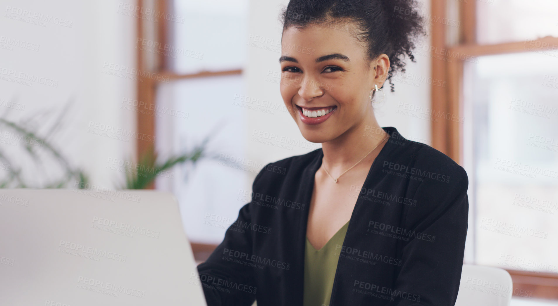 Buy stock photo Laptop, portrait and businesswoman in office, smile and corporate employee. Computer, technology and internet for brand manager in workplace, female person and research for online work with clients