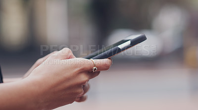 Buy stock photo Woman, hands and searching phone with city background for texting message on social media. Female hand, typing and cellphone for research or writing messages for communication and connection.