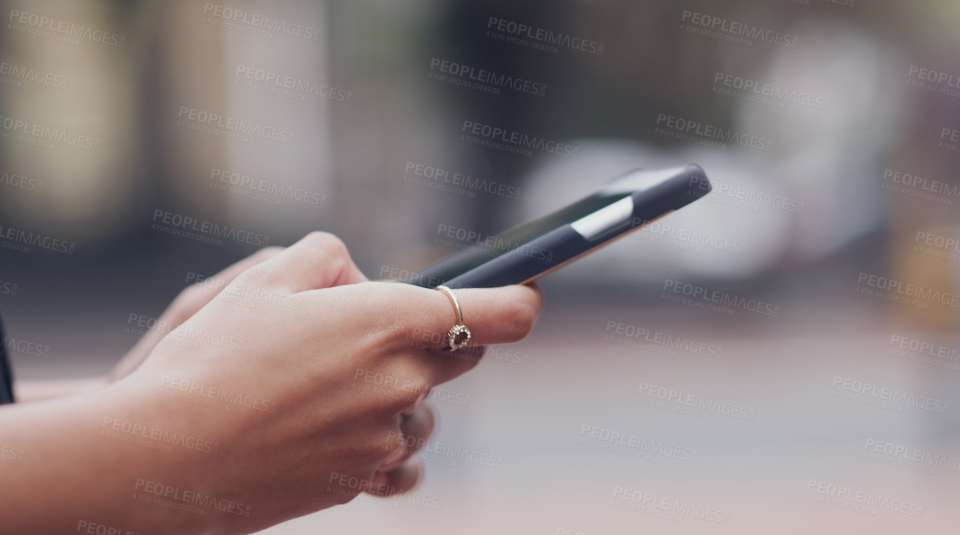 Buy stock photo Woman, hands and searching phone with city background for texting message on social media. Female hand, typing and cellphone for research or writing messages for communication and connection.