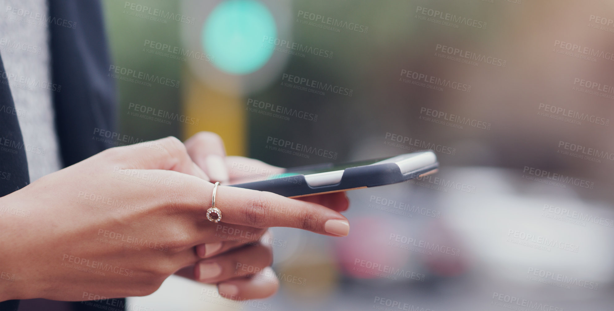 Buy stock photo Phone, office and hands of business woman online for social media, internet and connection. Communication, corporate workplace and female person on smartphone for website, mobile app and networking