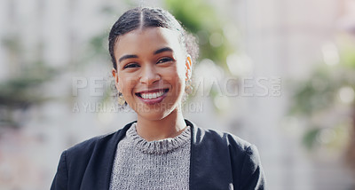 Buy stock photo Smile, portrait and business woman in city for corporate career, professional and happy. Confident, pride and natural with face of female employee in urban outdoors for entrepreneur and modern 