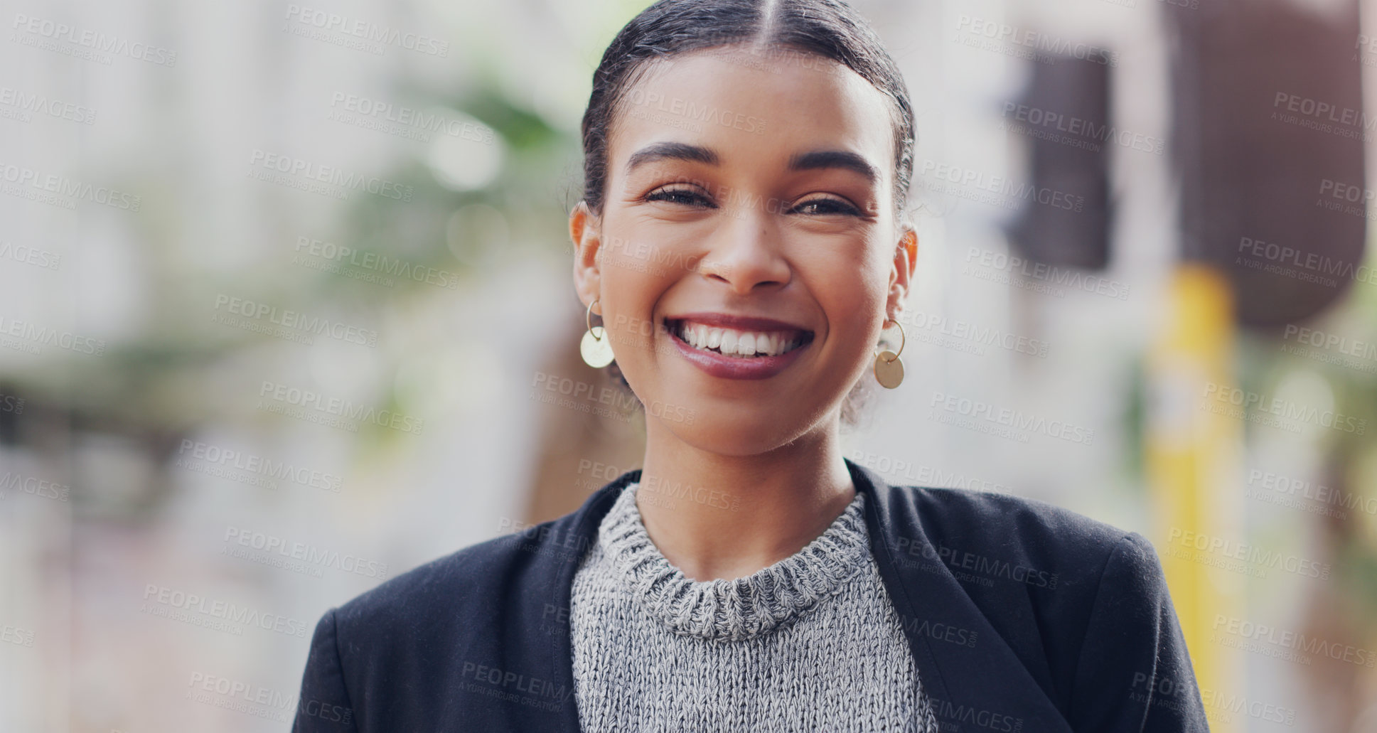 Buy stock photo Happy, city and portrait of business woman smile for morning commute, professional career and pride. Confident, face and young female employee in urban town outdoors for happiness of job motivation
