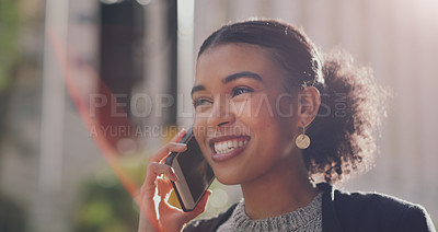 Buy stock photo African business woman, phone call and street in city with smile, networking or communication in sunshine. Businesswoman, smartphone and talk in metro with happiness for connection, chat or contact