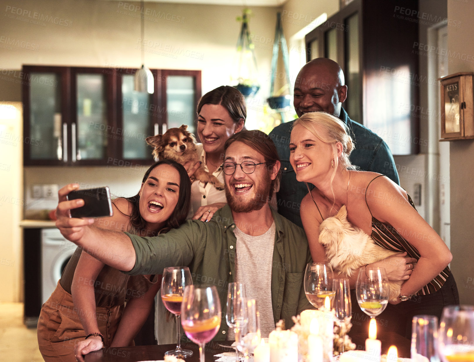 Buy stock photo Selfie, group and friends with smile in party, celebration and embrace of pets, house and alcohol. Home, champagne or wine for people, men and women with happiness in apartment, dinner and drink