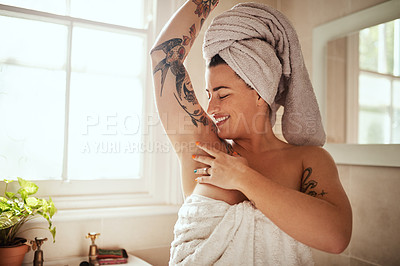 Buy stock photo Cleaning, armpit and woman in bathroom happy for smooth arms, healthy skin and wellness at home. Skincare, beauty and female person touch body for grooming, shower scent and hair removal for hygiene