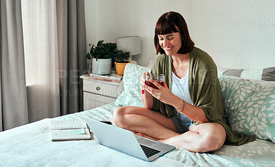 Buy stock photo Woman, bedroom and laptop with tea for relax or wellness, elearning or reading for online course. Female student, happiness and computer in home for research or school, blog with internet for college