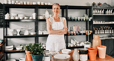 Buy stock photo Happy woman, portrait and pottery with arms crossed in small business confidence for crafting in retail store. Confident female person, ceramic designer or owner smiling for craft or creative startup
