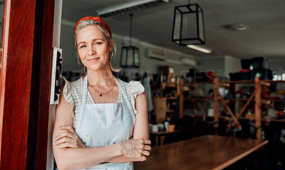 Buy stock photo Happy woman, portrait and arms crossed in small business confidence at entrance for workshop in retail store. Confident female person, ceramic designer or owner smiling for craft or creative startup
