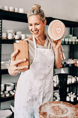 Buy stock photo Happy woman, pottery and smile in small business selfie for social media, advertising or vlog at store. Female person or retail owner smiling with clay bowl for photo or online post on smartphone