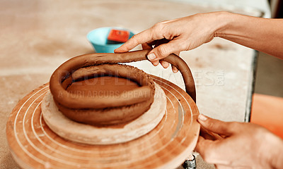 Buy stock photo Hands, design and pottery clay in studio for ceramics, shape and craft into pattern with detail. Woman, bowl and sculpting hobby for potter in workplace for creative art, process and handmade project