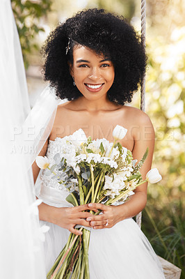 Buy stock photo Woman, portrait and pride with flowers on wedding day for outdoor celebration, ceremony or gown. Female person, bouquet and summer event in backyard park for marriage commitment, party or milestone