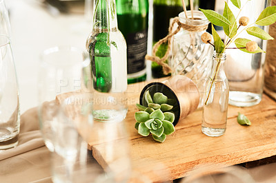 Buy stock photo Still life shot of a decorated table setting at a wedding reception
