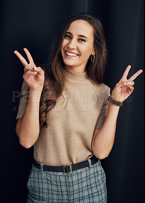 Buy stock photo Woman portrait and peace sign with smile, happy and hand gesture against a studio black background. Happiness, young girl and hands icon with trendy, fashion and beauty with positive mindset
