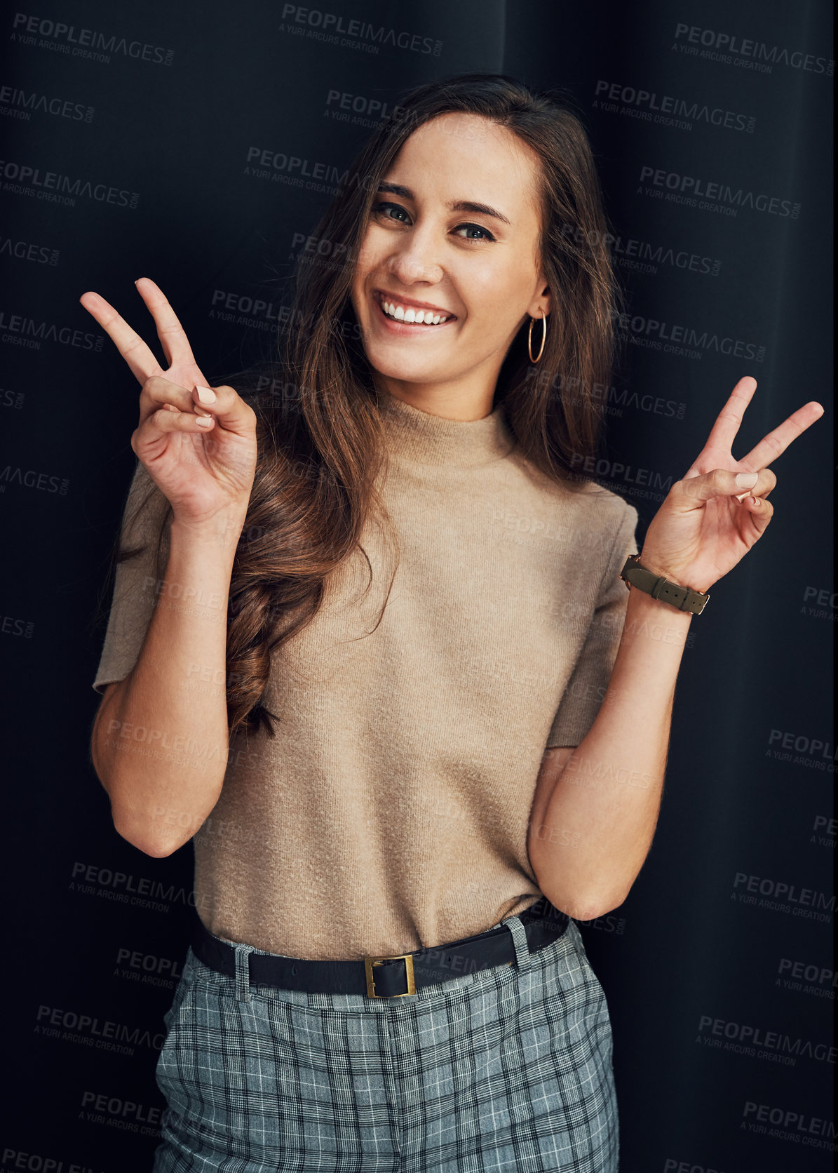 Buy stock photo Woman portrait and peace sign with smile, happy and hand gesture against a studio black background. Happiness, young girl and hands icon with trendy, fashion and beauty with positive mindset
