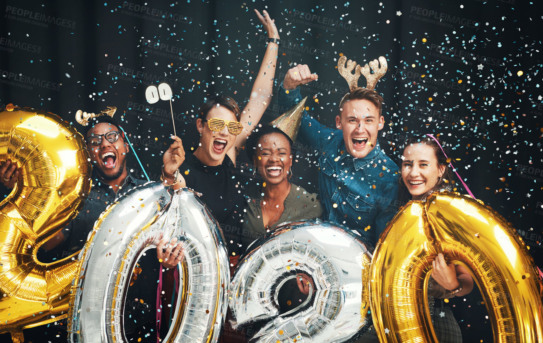 Buy stock photo Portrait, 2020 and new year with friends together in studio on a black background for celebration or fun. Happy, smile and confetti with a man and woman friend group bonding while celebrating