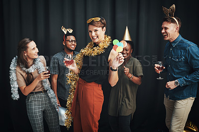 Buy stock photo Party, friends and holiday photobooth portrait of office christmas party or new year. Diversity, happy and alcohol drinks to celebrate social event with wine and fashion props feeling fun and comic