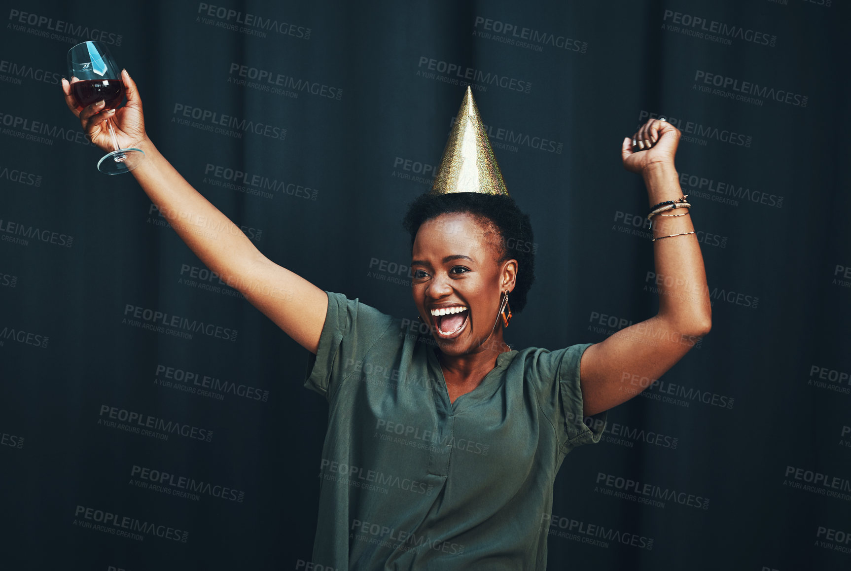 Buy stock photo Woman, celebrate and happy birthday party portrait or dance with party hat for new years. Winner triumph, event success and african woman happiness celebration with drink, dancing fun and laughing