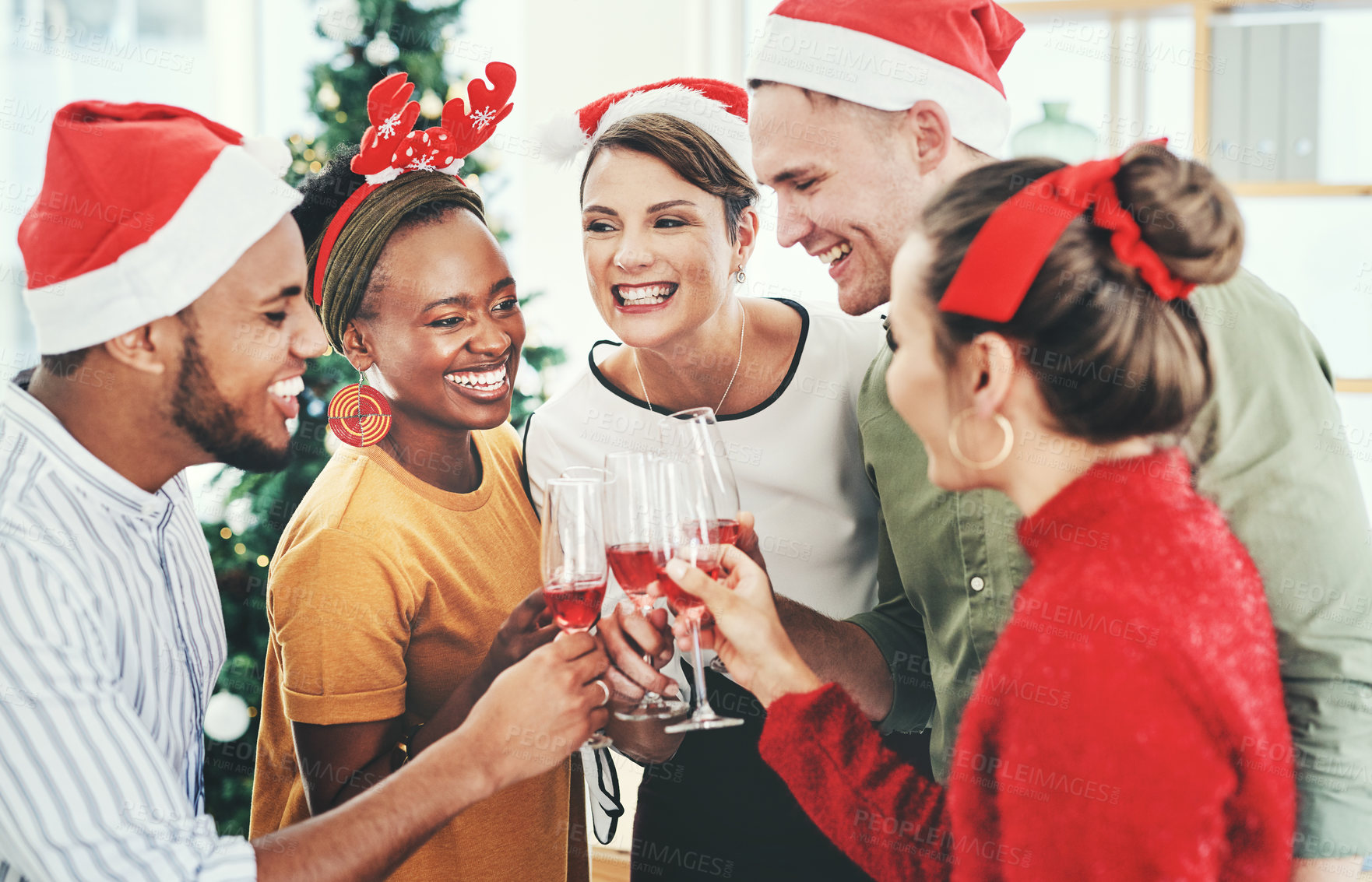 Buy stock photo Christmas party, office and businesspeople with toast, smile or happy together. Xmas, diversity and team with champagne for celebration, group success and wine glasses with happiness, joy and holiday