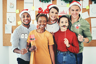 Buy stock photo Group of business people, christmas portrait and celebrate festive together in interracial compamy office. Diversity, christmas party and small business team or smile for comic holiday celebration