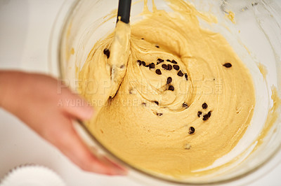 Buy stock photo Hands, dough and mixing ingredients on kitchen counter for cookies, bread and breakfast in cafe. Baker, cooking and dessert for bakery, small business and production startup coffee shop or restaurant