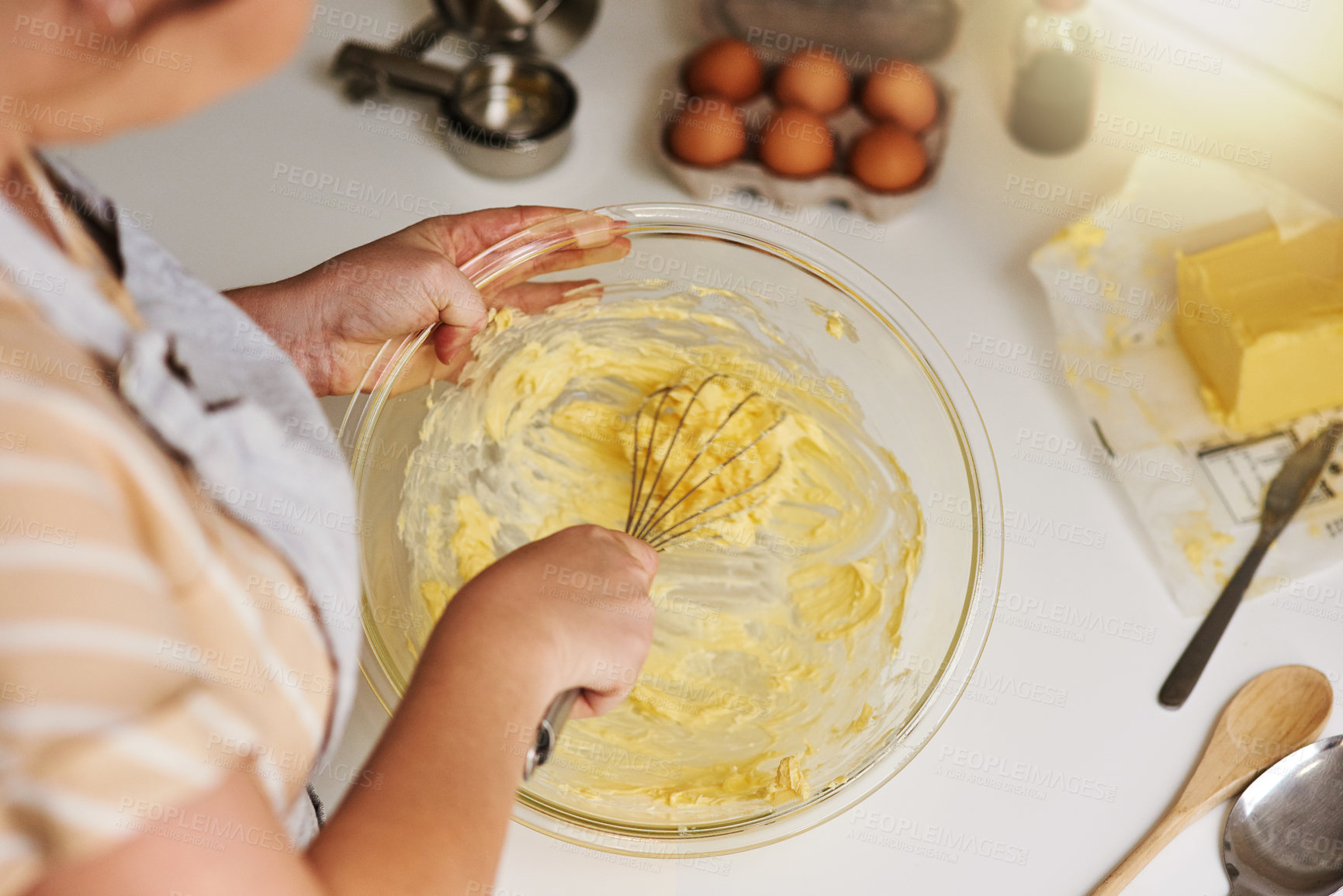 Buy stock photo Woman, hands and ingredients for cookies in kitchen for biscuits, bread and breakfast in cafe. Female nutritionist, cooking and dessert for bakery, small business and startup coffee shop in `New York