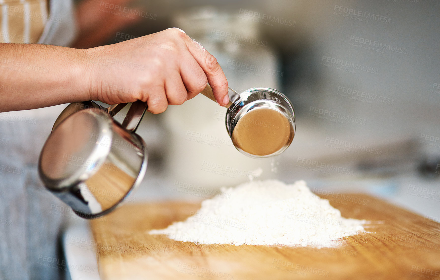 Buy stock photo Hands, kitchen and flour for baking, home and glass bowl for dessert or small business. Baker, ingredients and measurement with cup, house or startup bakery for recipe prepare and sweet food process