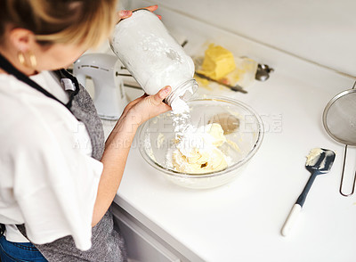 Buy stock photo Woman, bowl and mixture with flour for baking in house with food and hands for hobby in kitchen. Professional, dessert and cooking on table for small business or home recipe with ingredients.