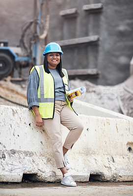Buy stock photo Full length portrait of an attractive young female construction worker working on site