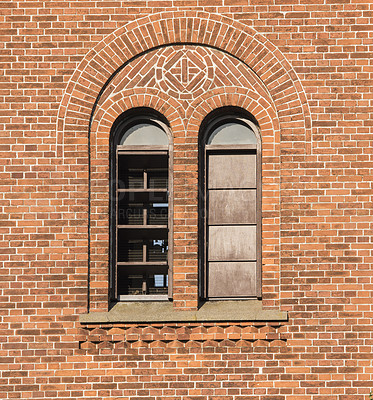 Buy stock photo Window, bricks or frame with building of church, temple or sanctuary for architecture or industrial design. Empty, wood or pattern with symbol or detail texture of holy structure, sanctum or property